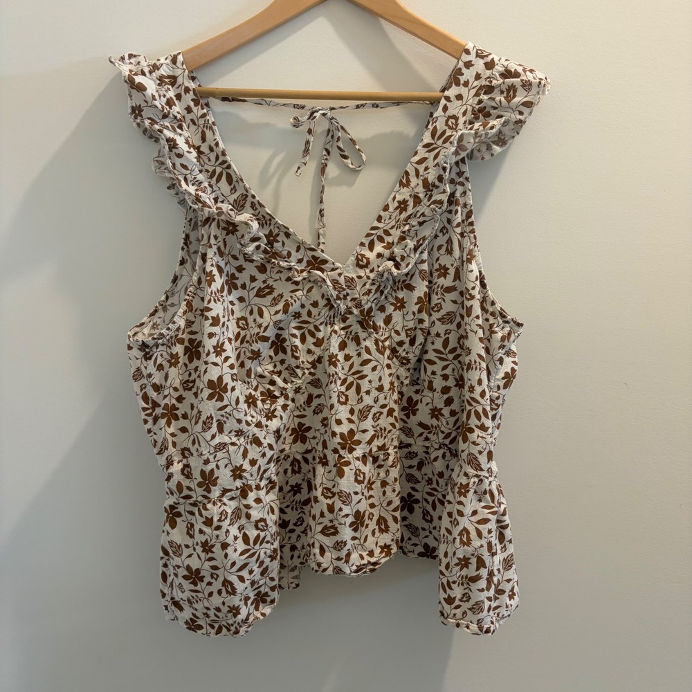 Old Navy XXL Brown Floral Ruffle Flutter Sleeve Smocked Peplum Top Tie Back